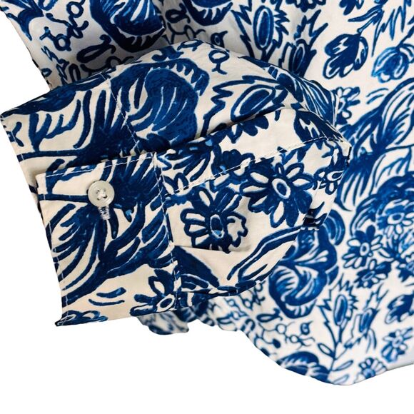 Charter Club X-Small Top Floral Long Sleeve Button-Up Ruffled Collar Blue White - Picture 4 of 9